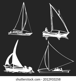 Sailing ship, graphic hand drawing. Sea or river transport, an isolated object. Vector