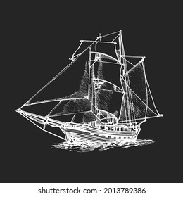 Sailing ship, graphic hand drawing. Sea or river transport, an isolated object. Vector