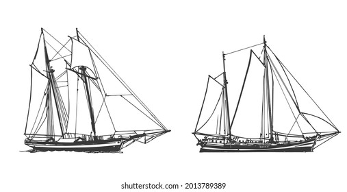 Sailing ship, graphic hand drawing. Sea or river transport, an isolated object. Vector