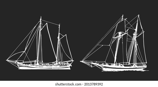 Sailing ship, graphic hand drawing. Sea or river transport, an isolated object. Vector