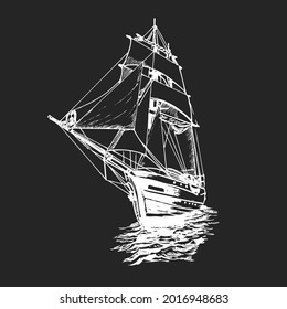 Sailing ship, graphic hand drawing. Sea or river transport, an isolated object. Vector