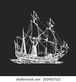 Sailing ship, graphic hand drawing. Sea or river transport, an isolated object. Vector