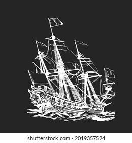 Sailing ship, graphic hand drawing. Sea or river transport, an isolated object. Vector