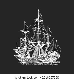 Sailing ship, graphic hand drawing. Sea or river transport, an isolated object. Vector