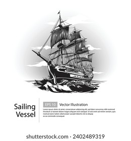 Sailing ship, graphic hand drawing vector illustration.