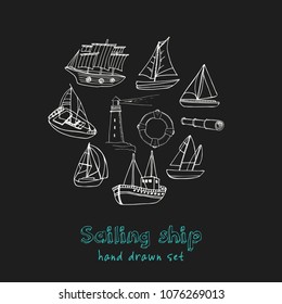 Sailing ship hand drawn doodle set. Sketches. Vector illustration for design and packages product. Symbol collection.
