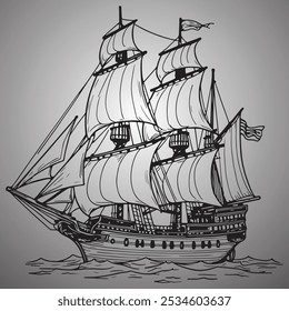 Sailing ship. Hand drawn illustration on gray background