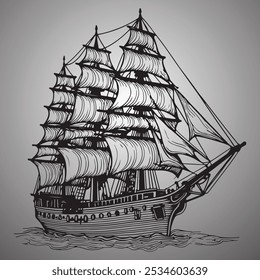 Sailing ship. Hand drawn illustration on gray background