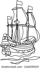 Sailing Ship hand drawn one line drawing vector design. Continuous single line drawing of a vintage frigate pirate ship at sea. Ideal for poster, card, banner, flyer, logo, and emblem.