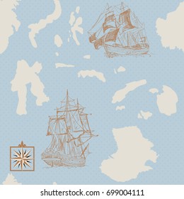 Sailing ship. Hand drawn sketch retro map.  Doodle vector illustration. Perfect for textiles, wallpaper and prints. Seamless pattern