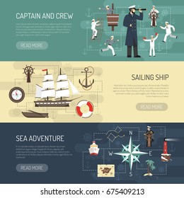 Sailing ship history captain crew and sea adventure information 3 horizontal banners webpage design isolated vector illustration 