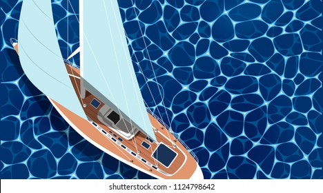 Sailing ship horizontal banner with empty space. Top view sail boat on deep blue sea water. Luxury yacht race, ocean sailing regatta vector. Nautical worldwide yachting or traveling. Yacht sailing
