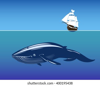 Sailing ship and huge whale in deep. Vector Illustration