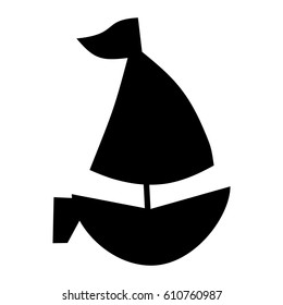 Sailing ship icon. Black on white vector illustration with children cartoon style. 