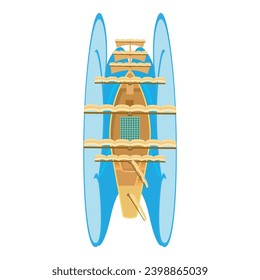 Sailing ship icon isometric vector. Old sea ship with white sail and ocean wave. Retro water transport, brigantine, top view