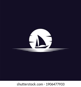 sailing ship icon logo in the middle of the ocean and the moon