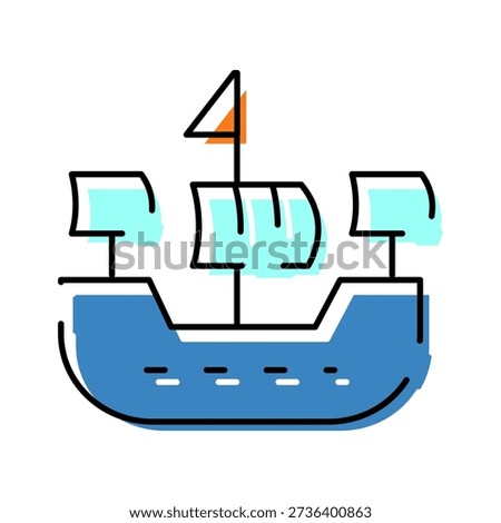 Sailing ship icon with multiple masts and blue hull, symbolizing ocean voyages, adventure, discovery, navigation, historical themes, and maritime transport