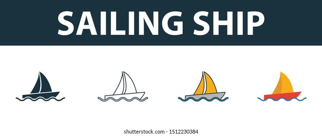 Sailing Ship icon set. Four elements in diferent styles from transport icons collection. Creative sailing ship icons filled, outline, colored and flat symbols.