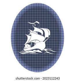 Sailing Ship Icon Vector Illustration. Sailing Ship With Textile Texture Logo Template. Emblem For Naval Uniform
