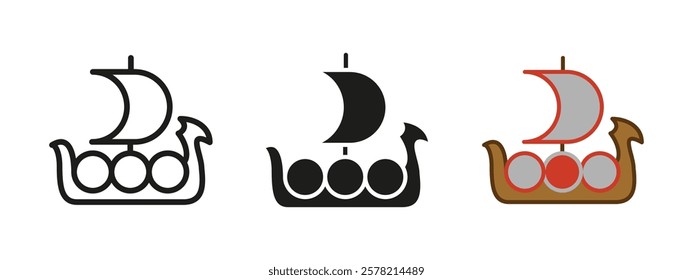 Sailing ship icon. Viking's boat with shields illustration. Barbarian warship. Medieval sailboat sign. Galleon or frigate pictogram. Nordic longship. Drakkar, galley, trireme or caravel concept.