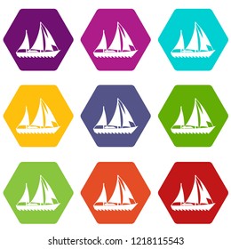 Sailing ship icons 9 set coloful isolated on white for web