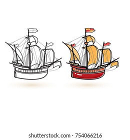 Sailing ship icons. Linear and colorful ship icon isolated on white. Vector illustration of an old sailing ship.