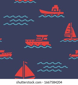 Sailing ship icons pattern. Marine and nautical seamless background. Summer beach seamless pattern vector illustration