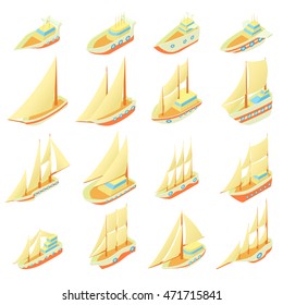 Sailing ship icons set in cartoon style. Ship and boat set collection vector illustration