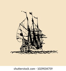 Sailing ship illustration in engraved style. Hand sketch of old fluyt. Marine theme design.