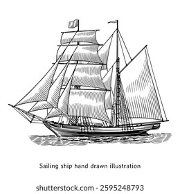 Sailing ship illustration. Sailing ship sketch. Vintage sailing ship hand drawn illustration in engraving style