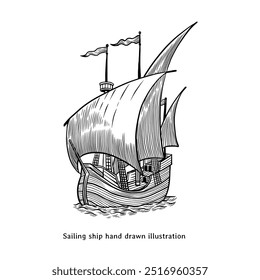 Sailing ship illustration. Vintage sailing ship hand drawn illustration in engraving style