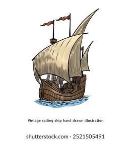 Ilustración de barco de vela. Ilustración dibujada a mano del barco de vela de Antiguas