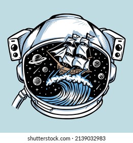 sailing ship inside the astronaut helmet frame illustration