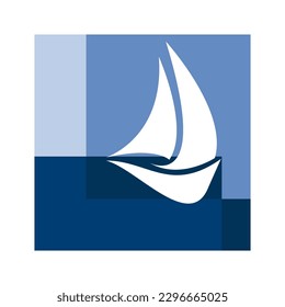sailing ship inside squares, white sailboat on blue. Vector template, logo design 