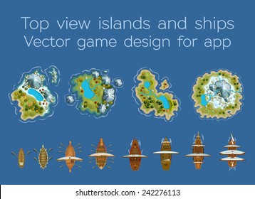 Sailing Ship And Islands Top View. Vector Design For App Game User Interface
