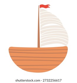 Navio à vela isolado em fundo transparente. Mão desenhada ilustração vetorial plana. Impressão náutica para crianças, elemento de design, clip art. Transporte marítimo, meios de transporte