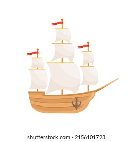 Sailing ship isolated on white. Vector old wooden sailboat. Cartoon flat illustration.