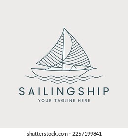 sailing ship line art logo vector template illustration design. sailboat and sea concept business