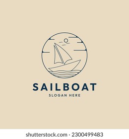 sailing ship line art logo design minimalist sea background vector illustration design