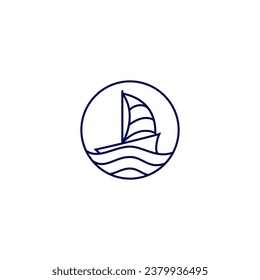 sailing ship line art logo design with circle frame