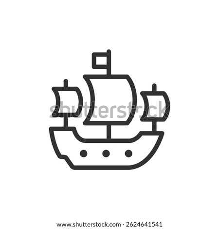 Sailing ship, linear icon. Pirate vessel or maritime transportation. Line with editable stroke.