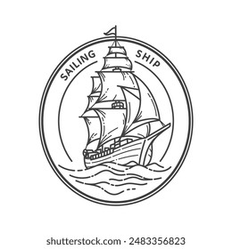 Sailing ship logo with black and white outline isolated on white background