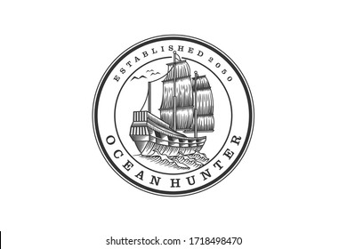 Sailing ship logo design, old pirate ship, round shape  vintage style.