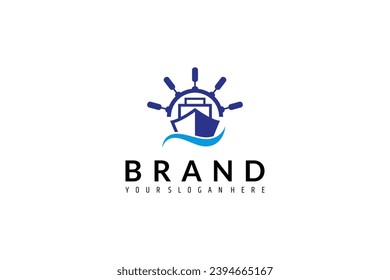 sailing ship logo design and sea waves with ship rudder