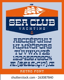 Sailing ship logo design template and vintage retro style slab serif font set