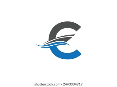 Sailing ship logo design vector illustration with latter C