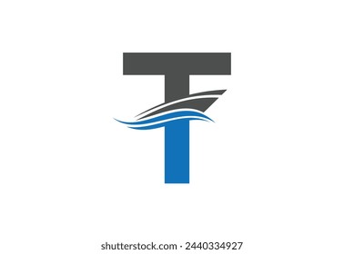 Sailing ship logo design vector illustration with latter T