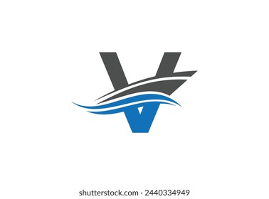 Sailing ship logo design vector illustration with latter V