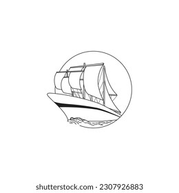 sailing ship logo pattern line art illustration.
monoline design isolated on circle on white background.