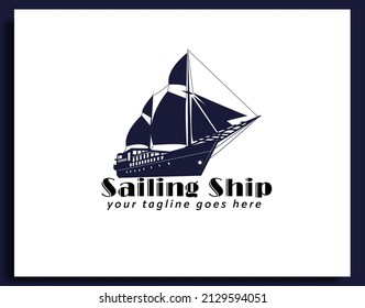 sailing ship logo pinisi ship vintage  blue ship in the sea design vector